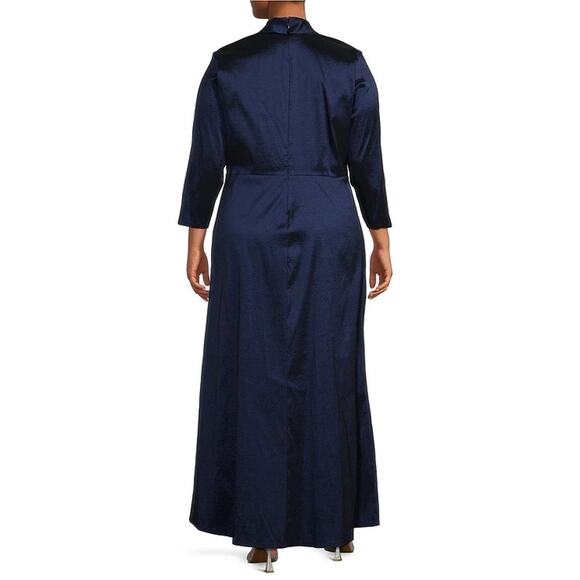 Marina Plus Size Navy Taffeta Surplice V-Neck 3/4 Sleeve Faux Wrap Dress 2X - Picture 2 of 11